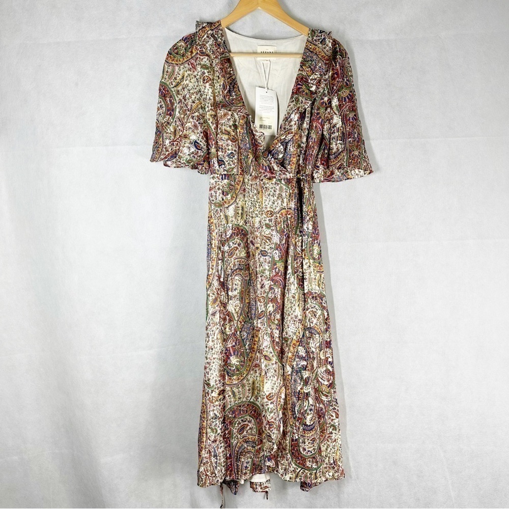 Sézane Paula Metallic Shimmer Silk Midi Dress Paisley Size US 2